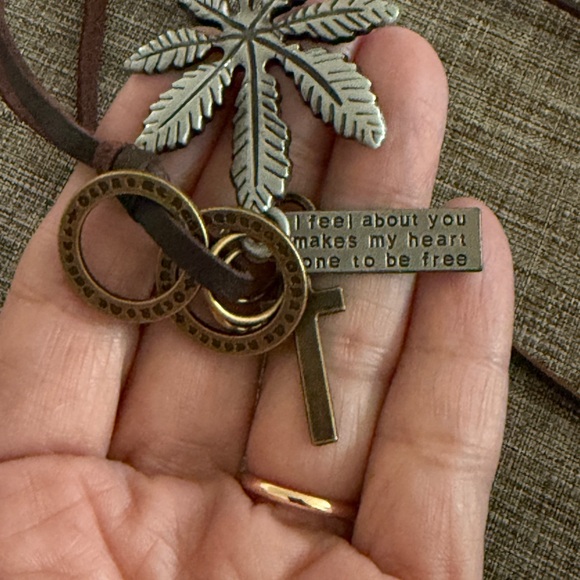 Long Necklace, Leather Silver & Brown Leaf Pendant Necklace, Handmade Jewelry - Picture 3 of 11